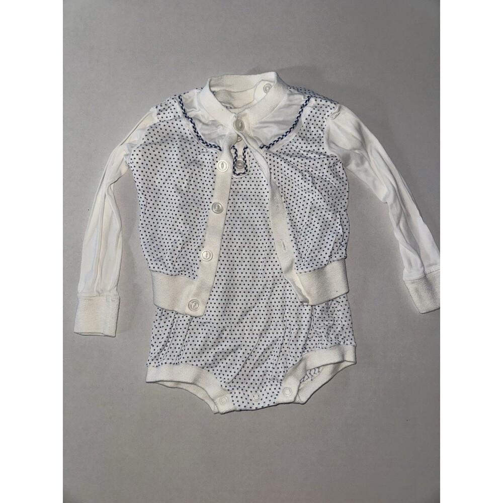 Vintage Infant One Piece Outfit With Cardigan Blue And White